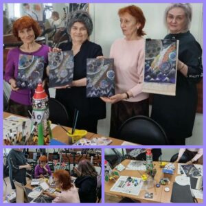 фотоколлаж. занятие по рисованию, посвящённое Дню космонавтики. Под руководством специалистов участники с увлечением создавали рисунки на космическую тематику изображали планеты, звёзды